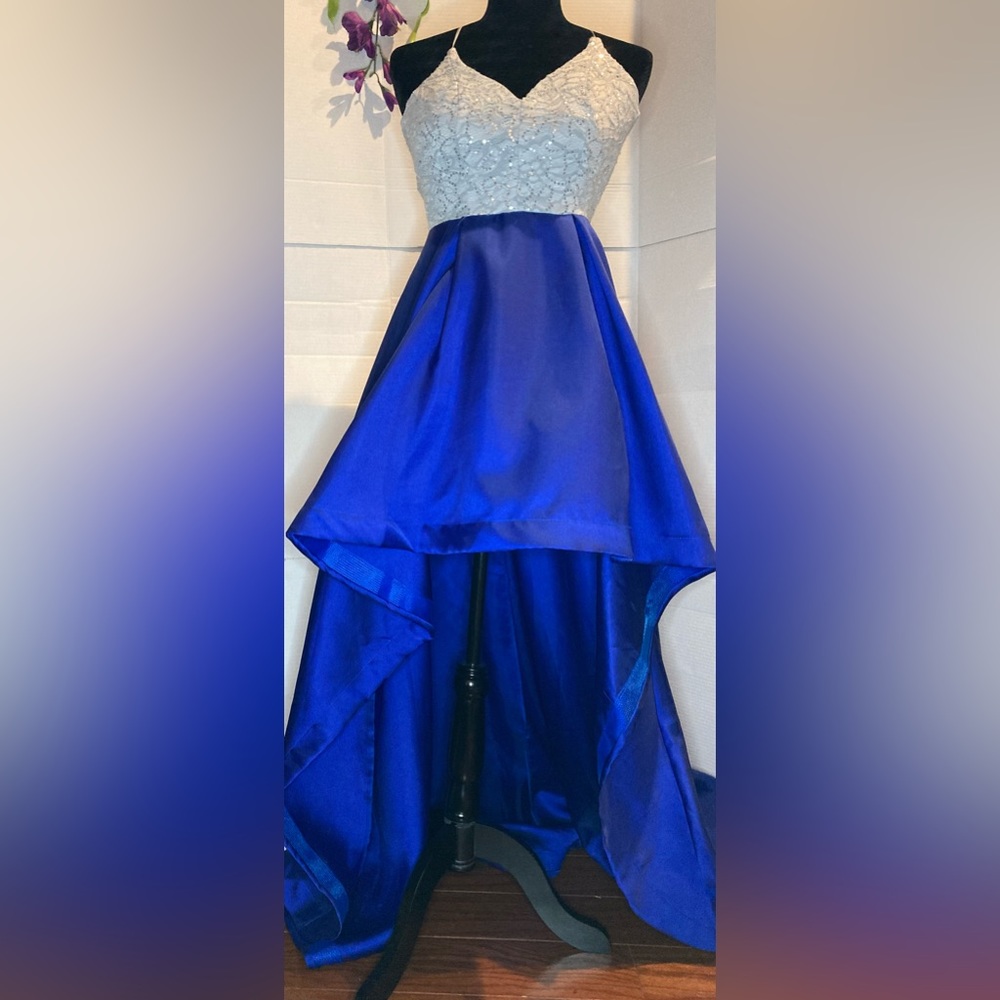 B.Darlin Dress Formal Prom Homecoming Blue & Silver High/Low Size 7/8 [bb]